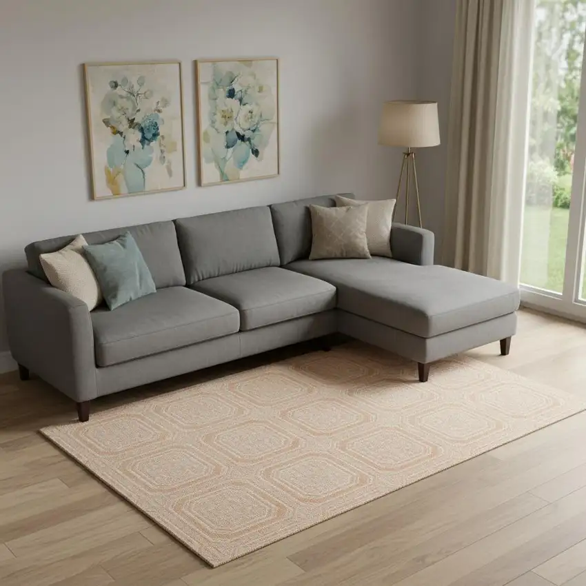 Peach And Ivory Geometric Washable Area Rug With UV Protection Photo 2