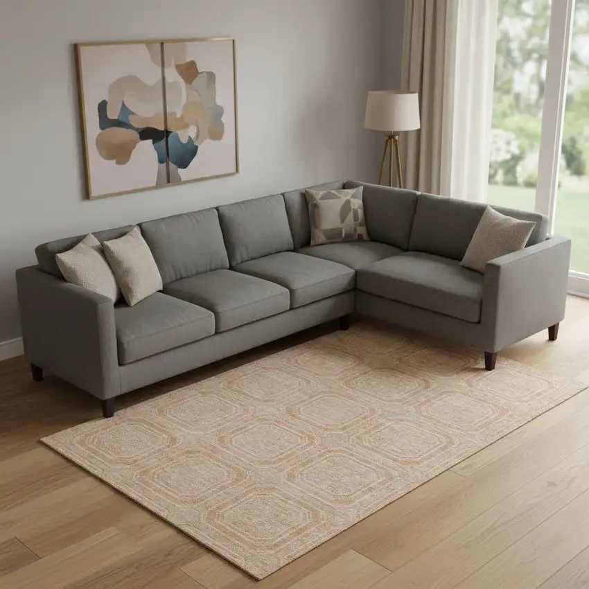 Peach And Ivory Geometric Washable Area Rug With UV Protection Photo 2