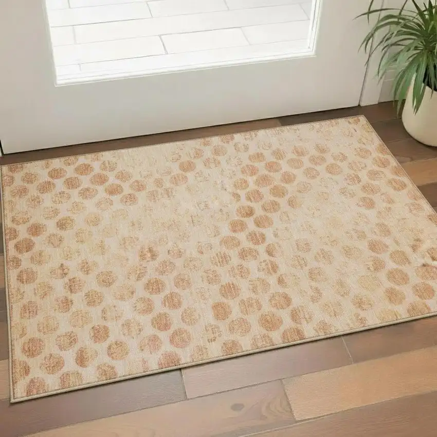 Peach And Ivory Geometric Washable Area Rug With UV Protection Photo 2