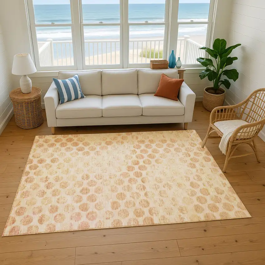 Peach And Ivory Geometric Washable Area Rug With UV Protection Photo 5