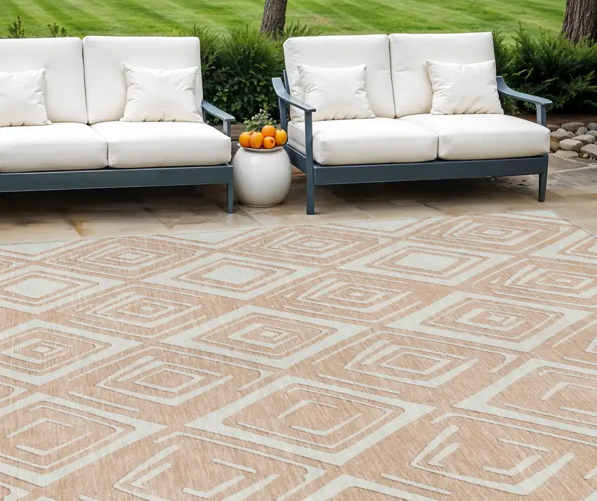 Peach And Ivory Geometric Washable Indoor Outdoor Area Rug Photo 1
