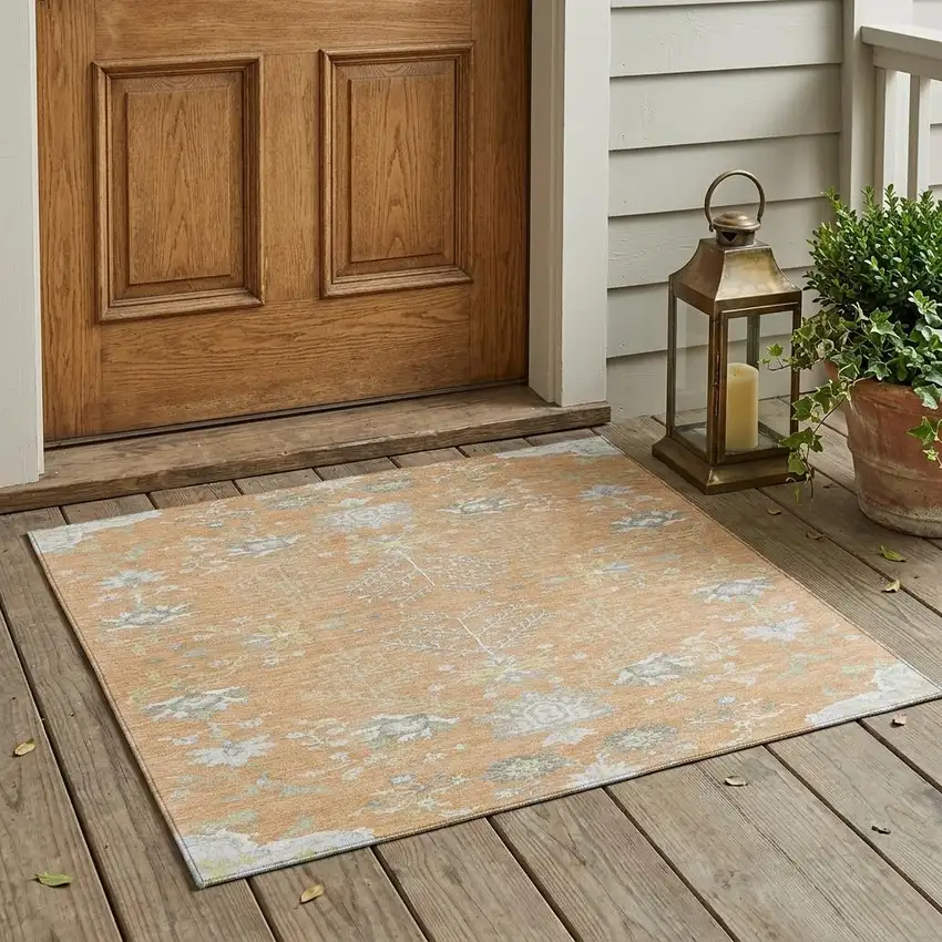 Peach And Ivory Oriental Washable Indoor Outdoor Area Rug Photo 1