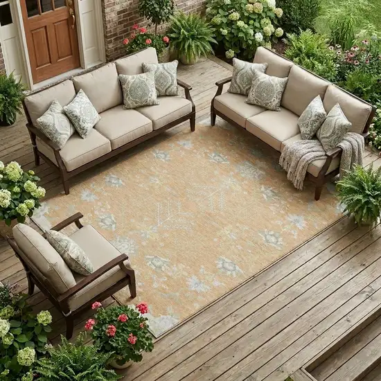 Peach And Ivory Oriental Washable Indoor Outdoor Area Rug Photo 1