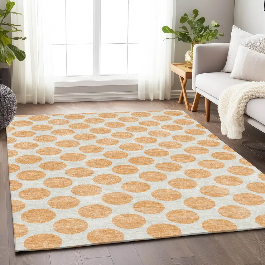 Peach And Ivory Polka Dot Washable Area Rug With UV Protection Photo 4
