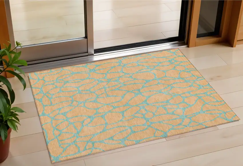 Peach And Mint Green Geometric Washable Indoor Outdoor Area Rug Photo 1