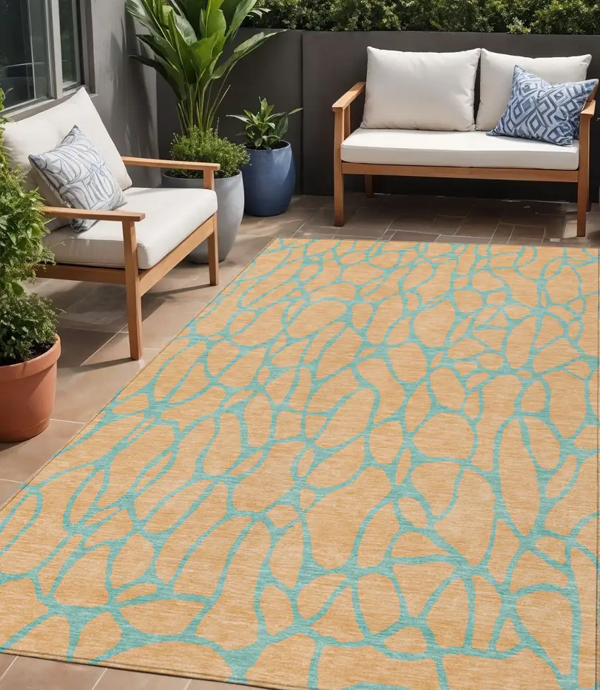 Peach And Mint Green Geometric Washable Indoor Outdoor Area Rug Photo 1
