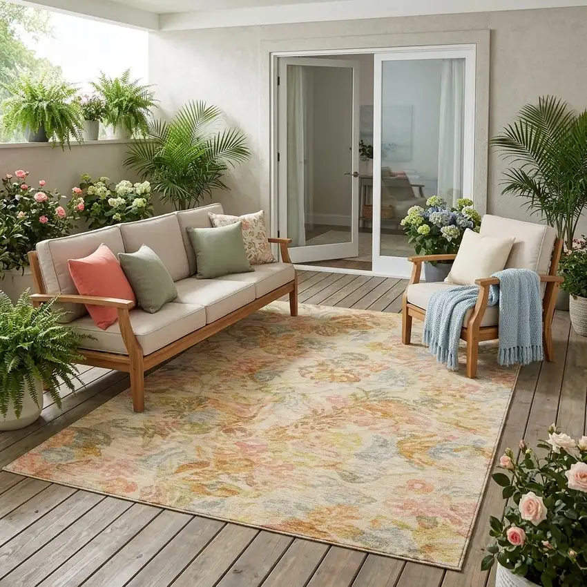 Peach And Orange Floral Washable Indoor Outdoor Area Rug Photo 1