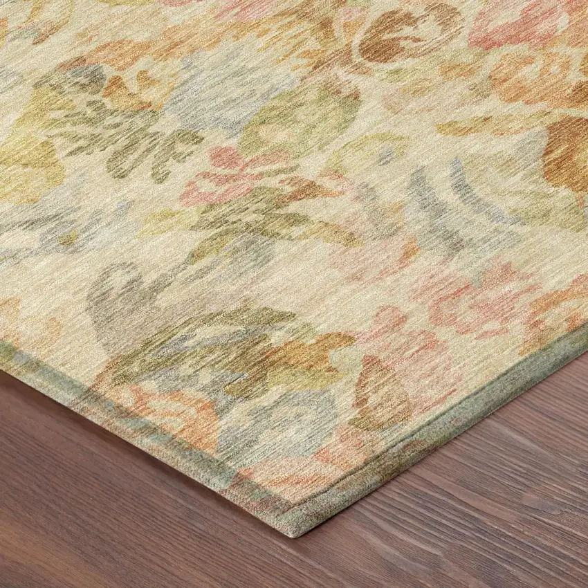 Peach And Orange Floral Washable Indoor Outdoor Area Rug Photo 5