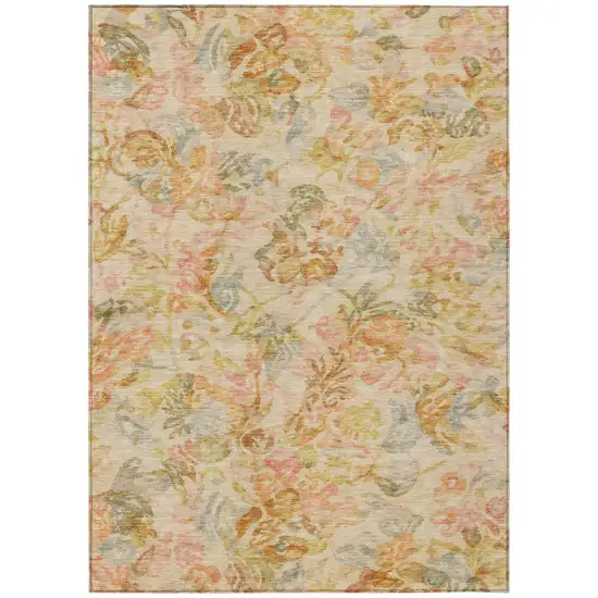 Peach And Orange Floral Washable Indoor Outdoor Area Rug Photo 2