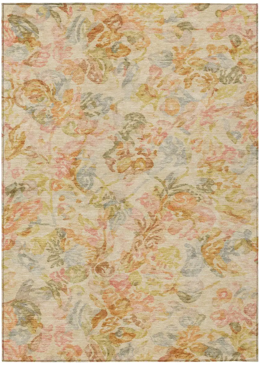 Peach And Orange Floral Washable Indoor Outdoor Area Rug Photo 2