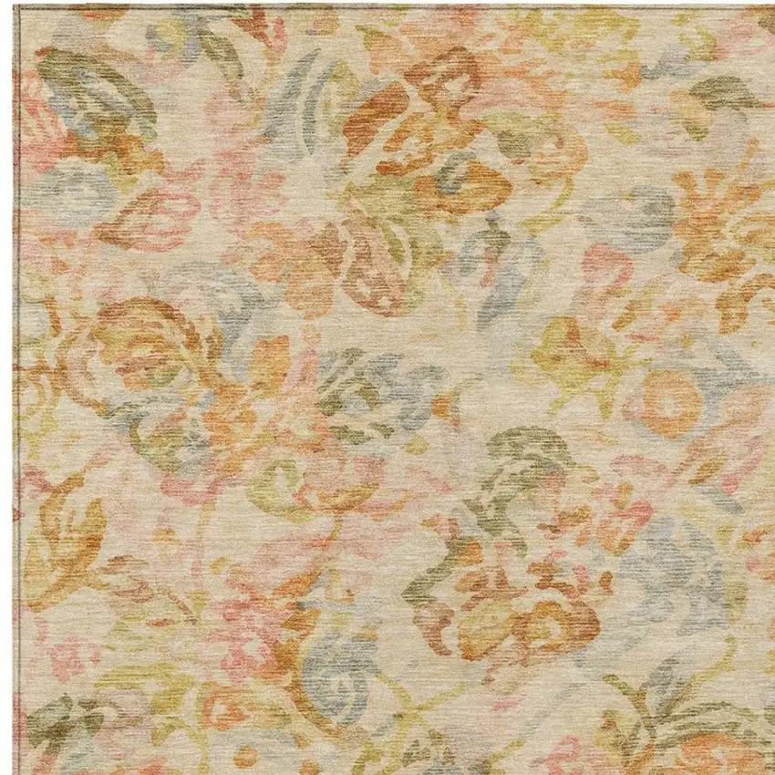 Peach And Orange Floral Washable Indoor Outdoor Area Rug Photo 3