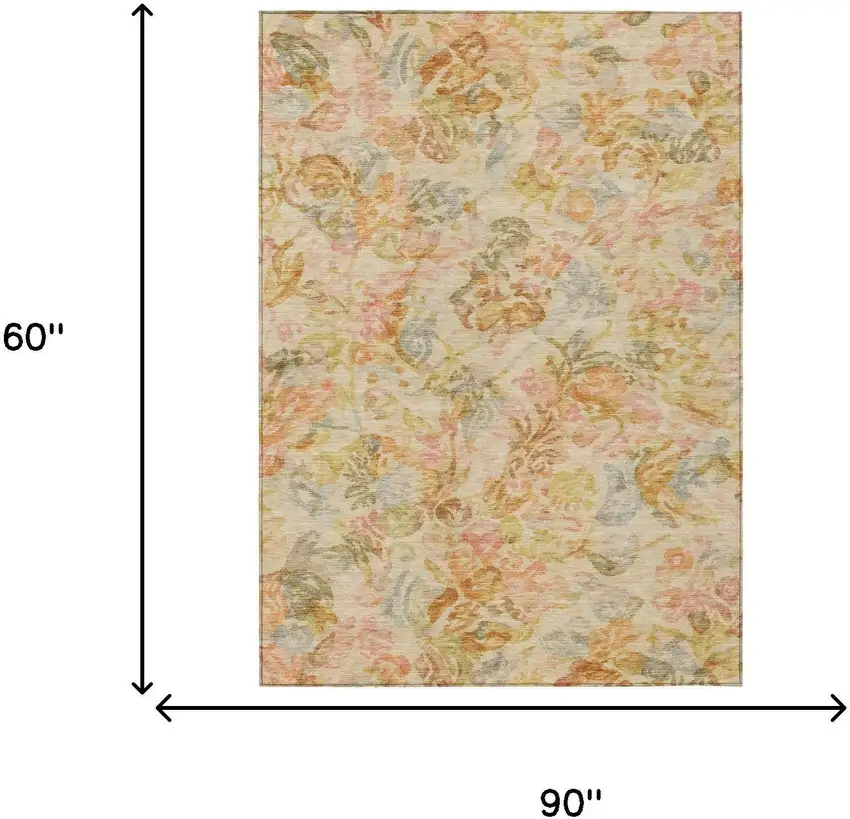Peach And Orange Floral Washable Indoor Outdoor Area Rug Photo 7