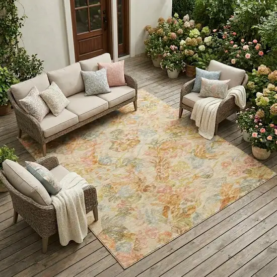 Peach And Orange Floral Washable Indoor Outdoor Area Rug Photo 1
