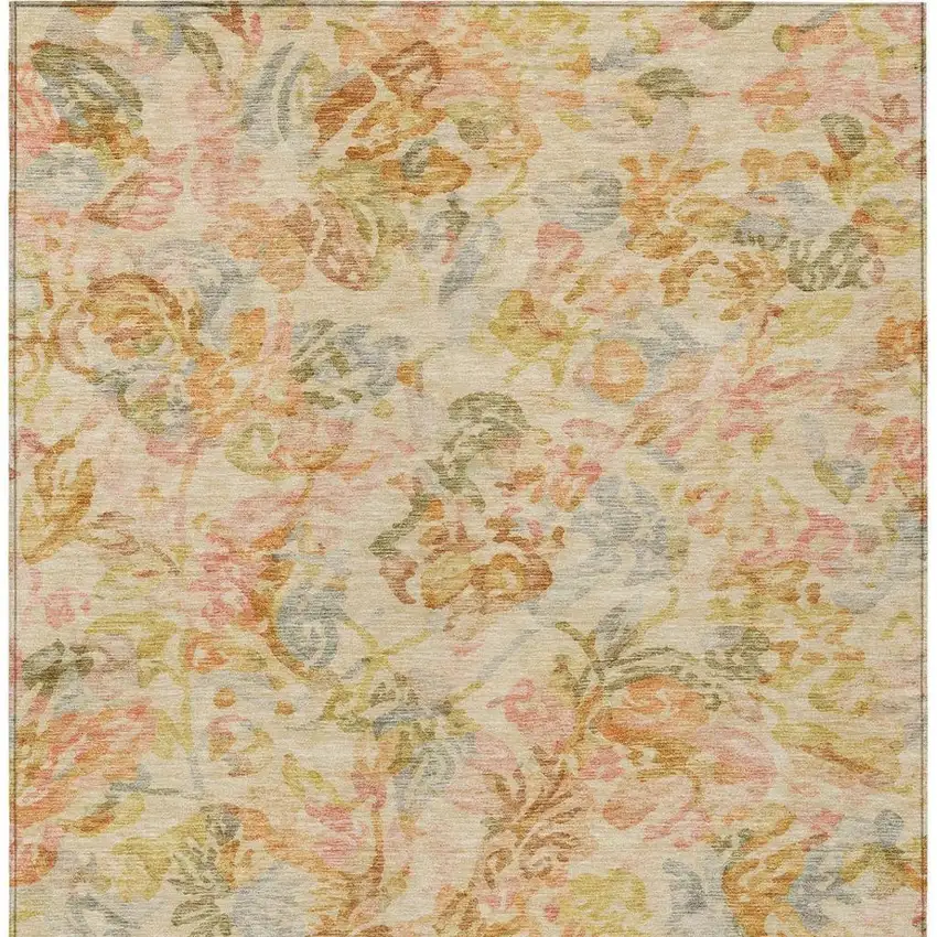 Peach And Orange Floral Washable Indoor Outdoor Area Rug Photo 4