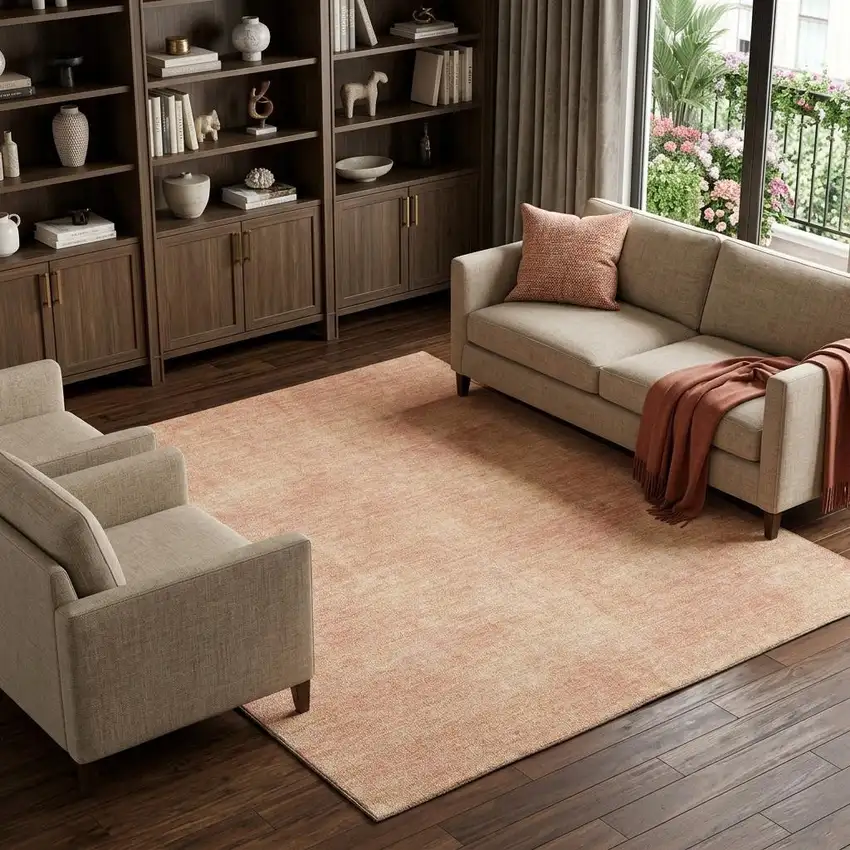 Peach And Salmon Abstract Washable Area Rug With UV Protection Photo 1