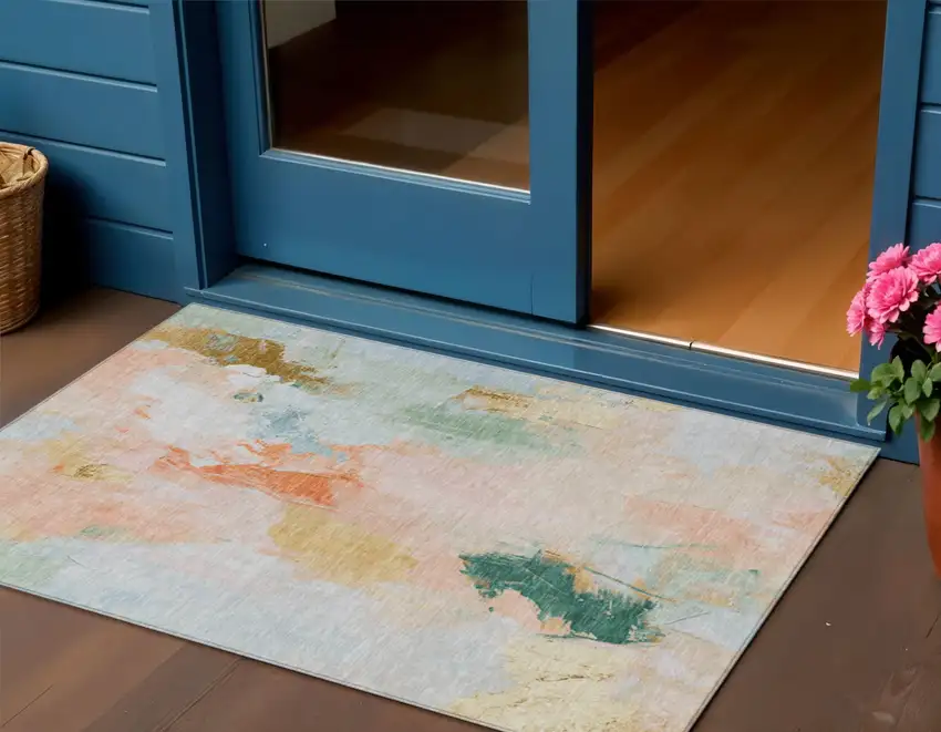 Peach And Teal Blue Abstract Washable Indoor Outdoor Area Rug Photo 2