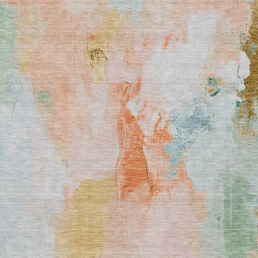 Peach And Teal Blue Abstract Washable Indoor Outdoor Area Rug Photo 3