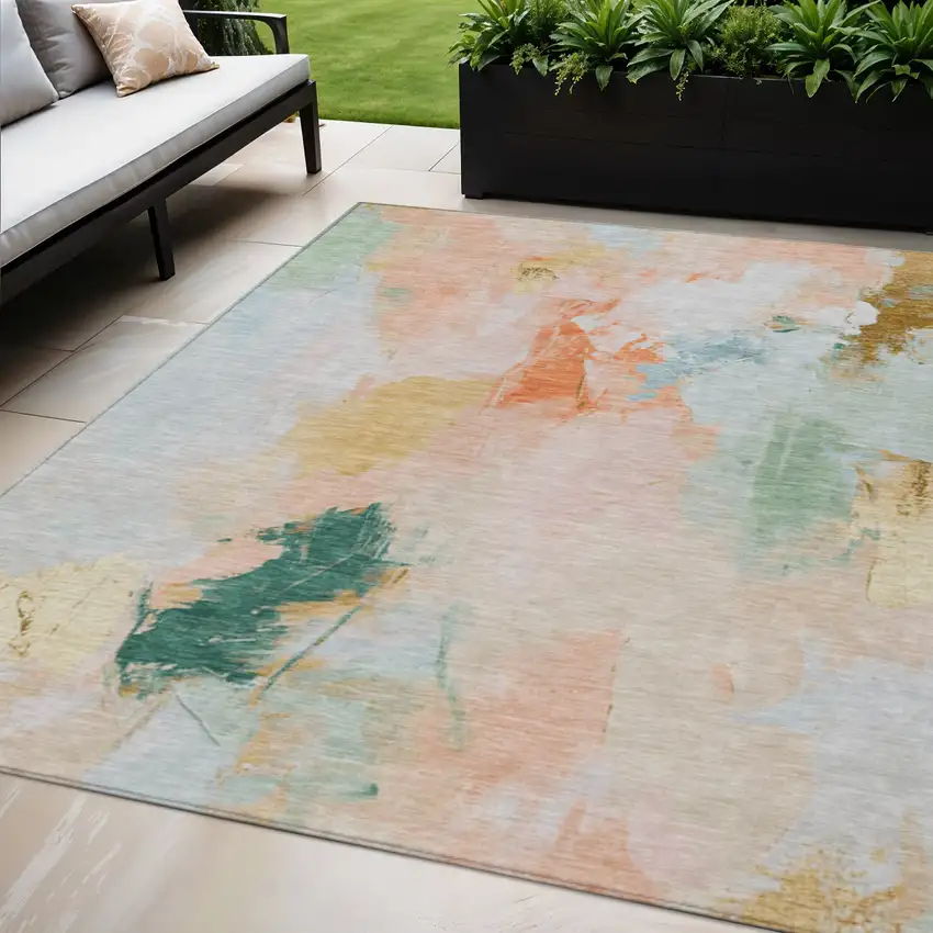 Peach And Teal Blue Abstract Washable Indoor Outdoor Area Rug Photo 2