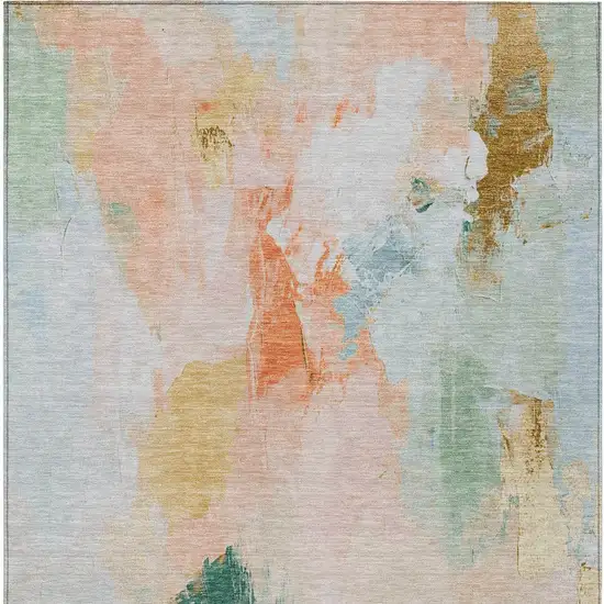 Peach And Teal Blue Abstract Washable Indoor Outdoor Area Rug Photo 7