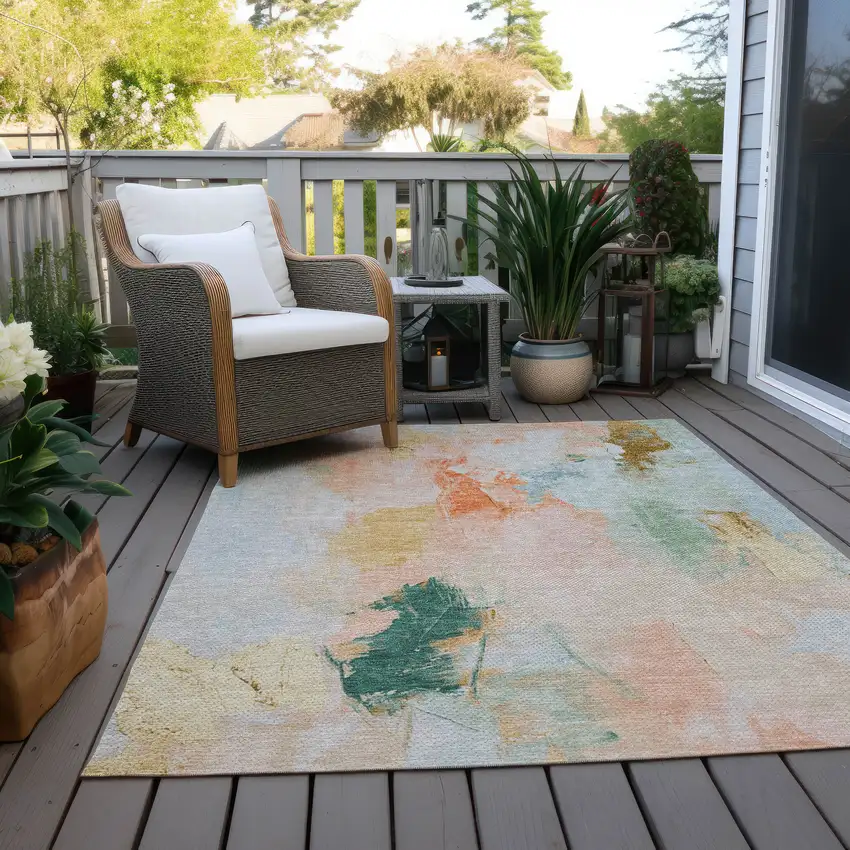Peach And Teal Blue Abstract Washable Indoor Outdoor Area Rug Photo 5