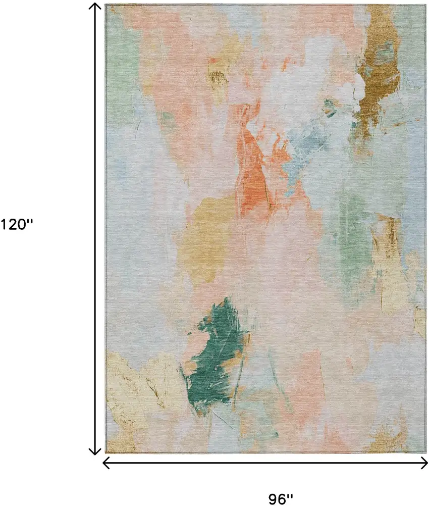 Peach And Teal Blue Abstract Washable Indoor Outdoor Area Rug Photo 9