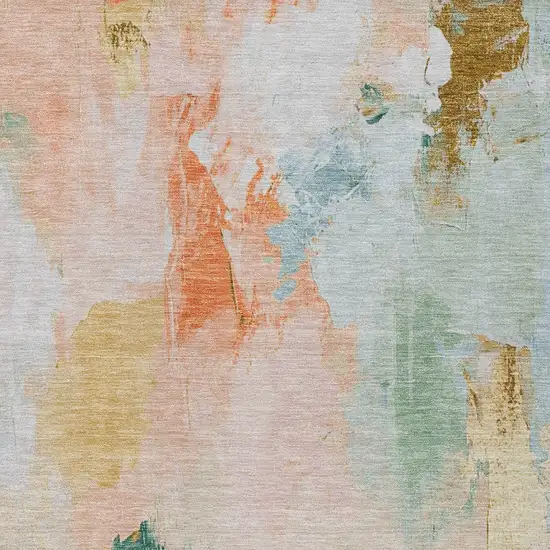 Peach And Teal Blue Abstract Washable Indoor Outdoor Area Rug Photo 6