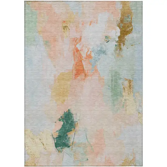 Peach And Teal Blue Abstract Washable Indoor Outdoor Area Rug Photo 1