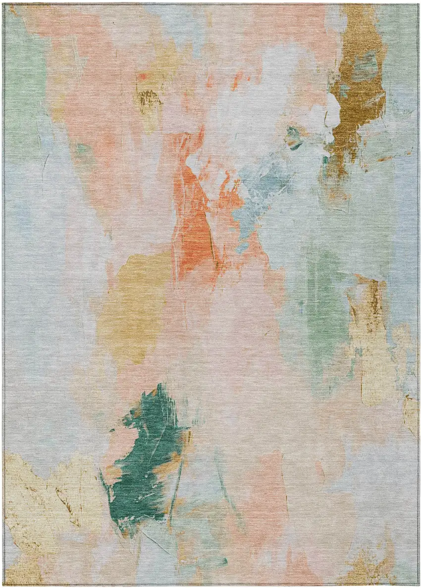 Peach And Teal Blue Abstract Washable Indoor Outdoor Area Rug Photo 1