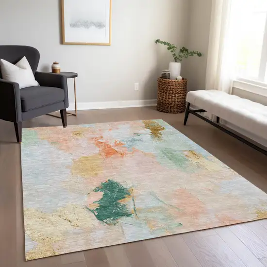 Peach And Teal Blue Abstract Washable Indoor Outdoor Area Rug Photo 6