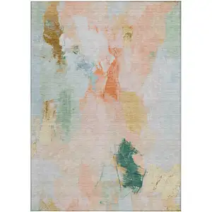Photo of Peach And Teal Blue Abstract Washable Indoor Outdoor Area Rug