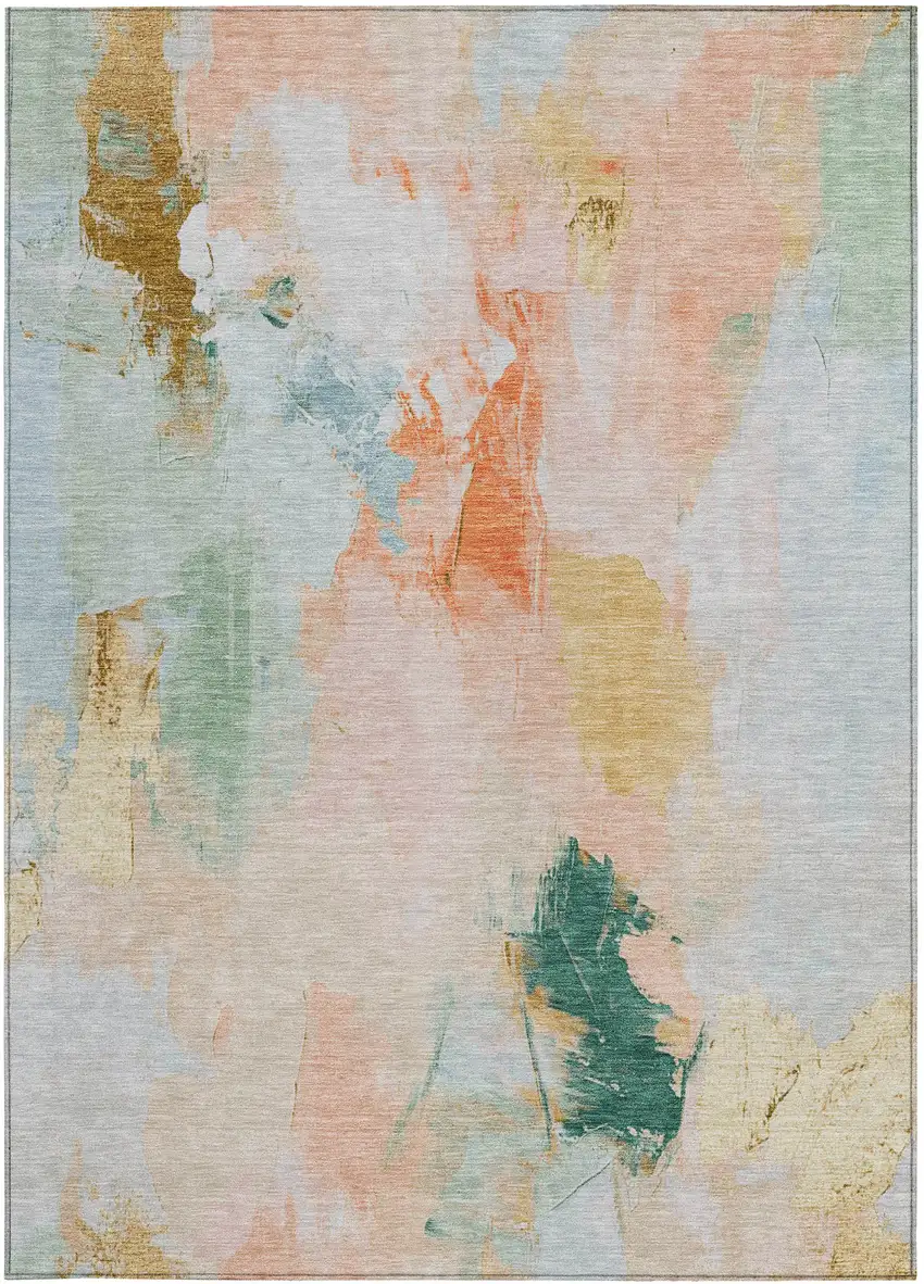 Peach And Teal Blue Abstract Washable Indoor Outdoor Area Rug Photo 1