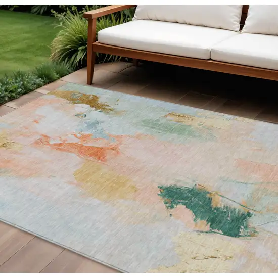 Peach And Teal Blue Abstract Washable Indoor Outdoor Area Rug Photo 2
