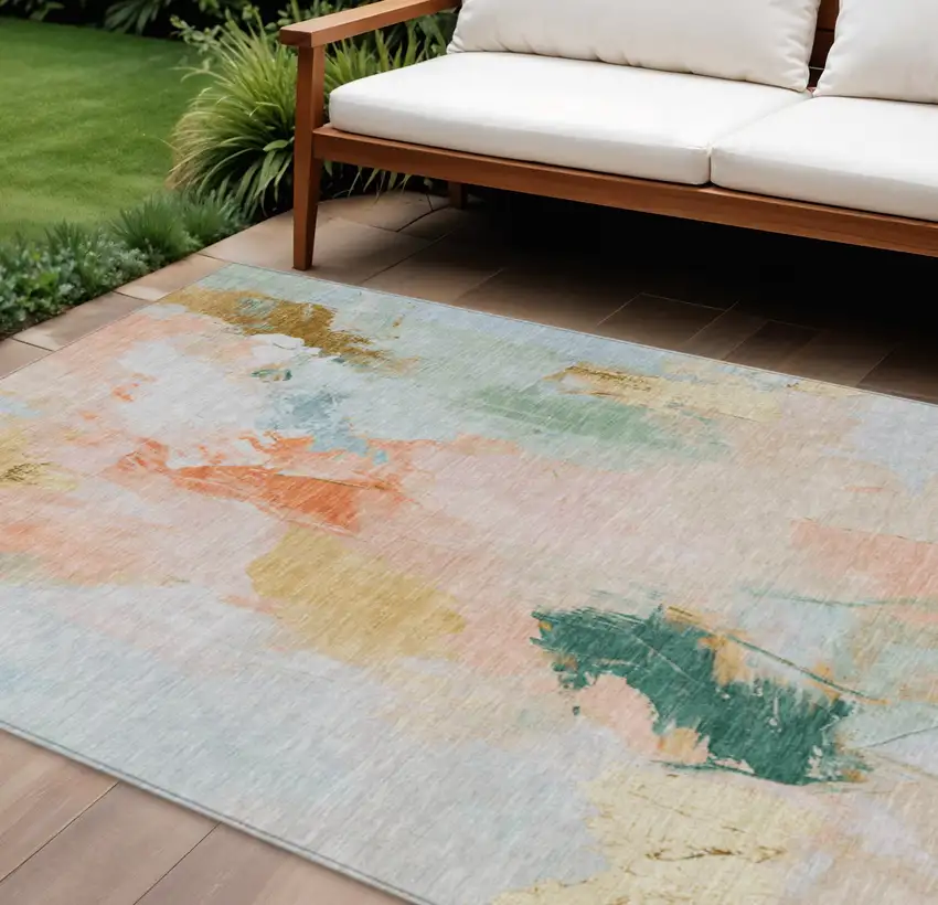 Peach And Teal Blue Abstract Washable Indoor Outdoor Area Rug Photo 2