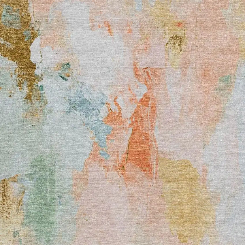 Peach And Teal Blue Abstract Washable Indoor Outdoor Area Rug Photo 3