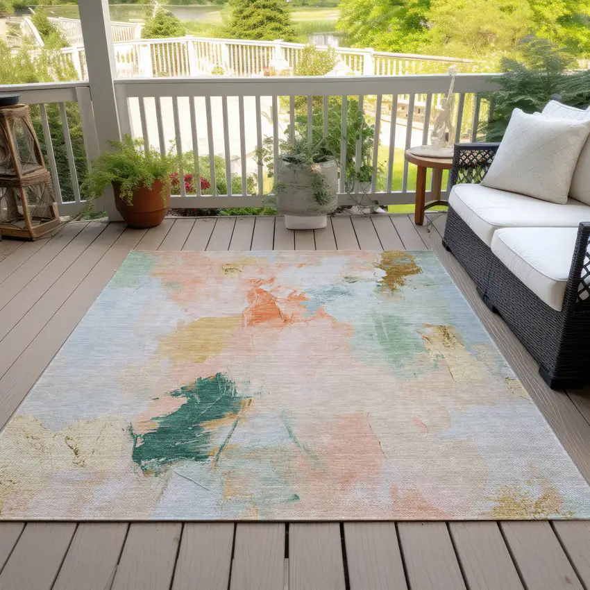 Peach And Teal Blue Abstract Washable Indoor Outdoor Area Rug Photo 7