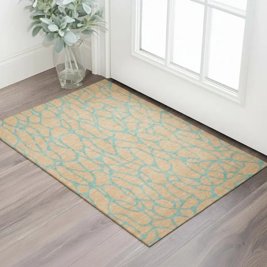 Peach And Teal Geometric Washable Area Rug With UV Protection Photo 2