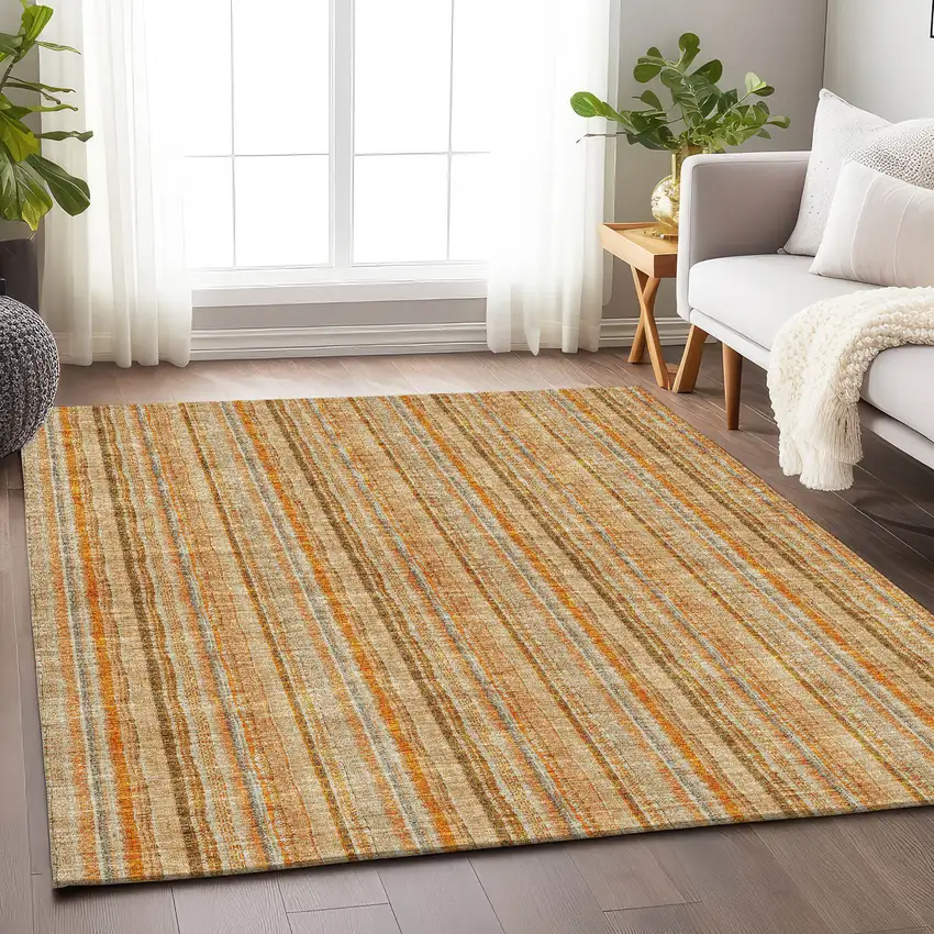 Peach Beige And Orange Striped Washable Area Rug With UV Protection Photo 2