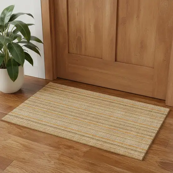 Peach Beige And Orange Striped Washable Area Rug With UV Protection Photo 1