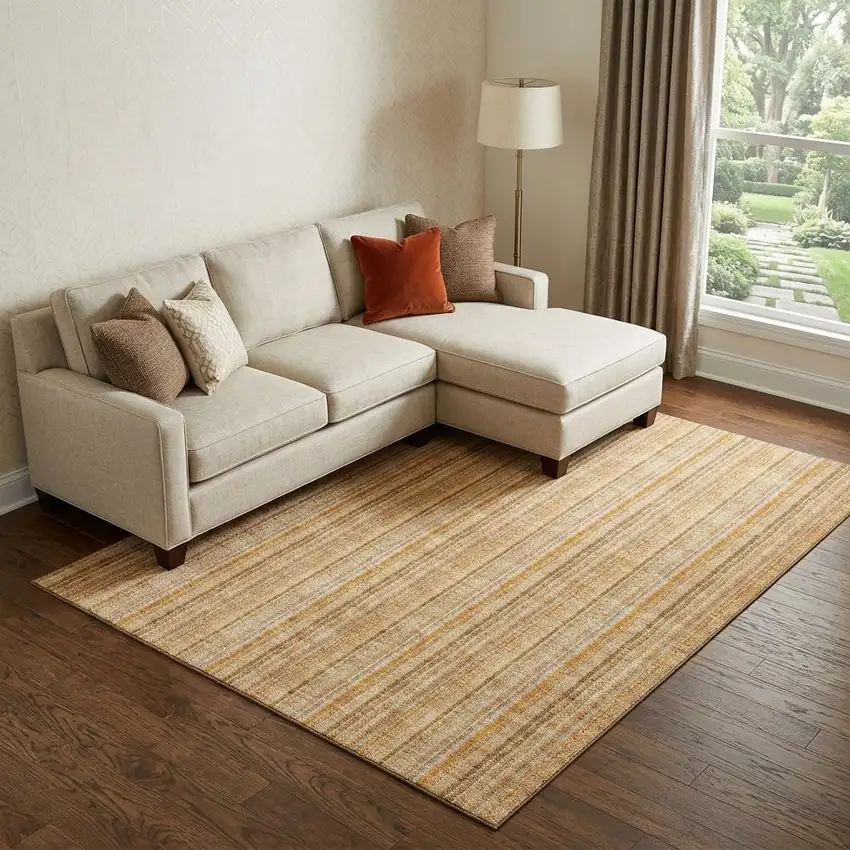 Peach Beige And Orange Striped Washable Area Rug With UV Protection Photo 1