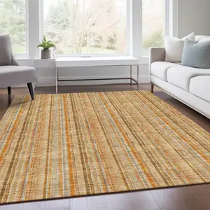 Photo of Peach Beige And Orange Striped Washable Area Rug With UV Protection