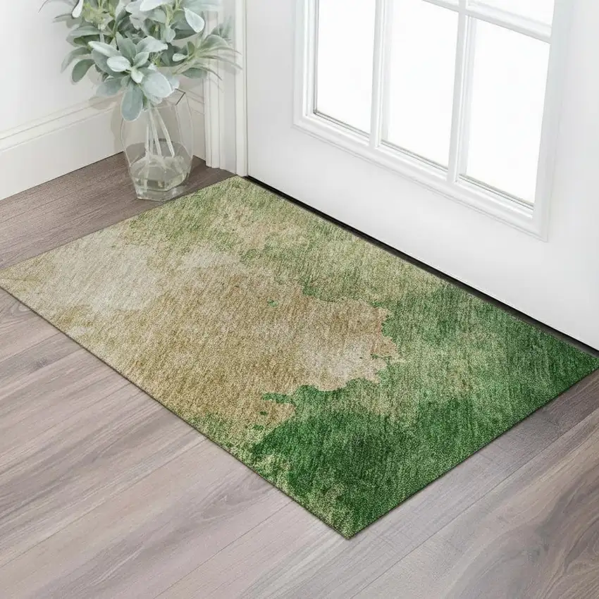 Peach Emerald And Beige Abstract Washable Area Rug With UV Protection Photo 2