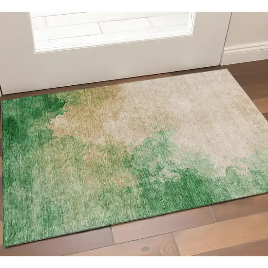 Peach Emerald And Beige Abstract Washable Area Rug With UV Protection Photo 1