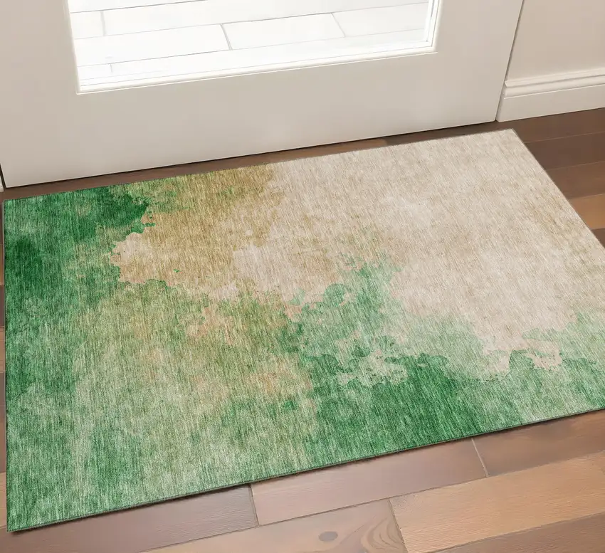 Peach Emerald And Beige Abstract Washable Area Rug With UV Protection Photo 1