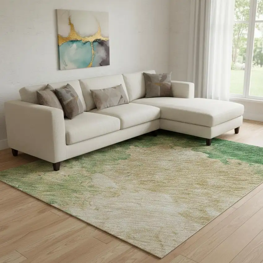 Peach Emerald And Beige Abstract Washable Area Rug With UV Protection Photo 2