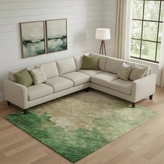 Peach Emerald And Beige Abstract Washable Area Rug With UV Protection Photo 2