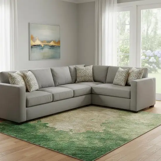 Peach Emerald And Beige Abstract Washable Area Rug With UV Protection Photo 2