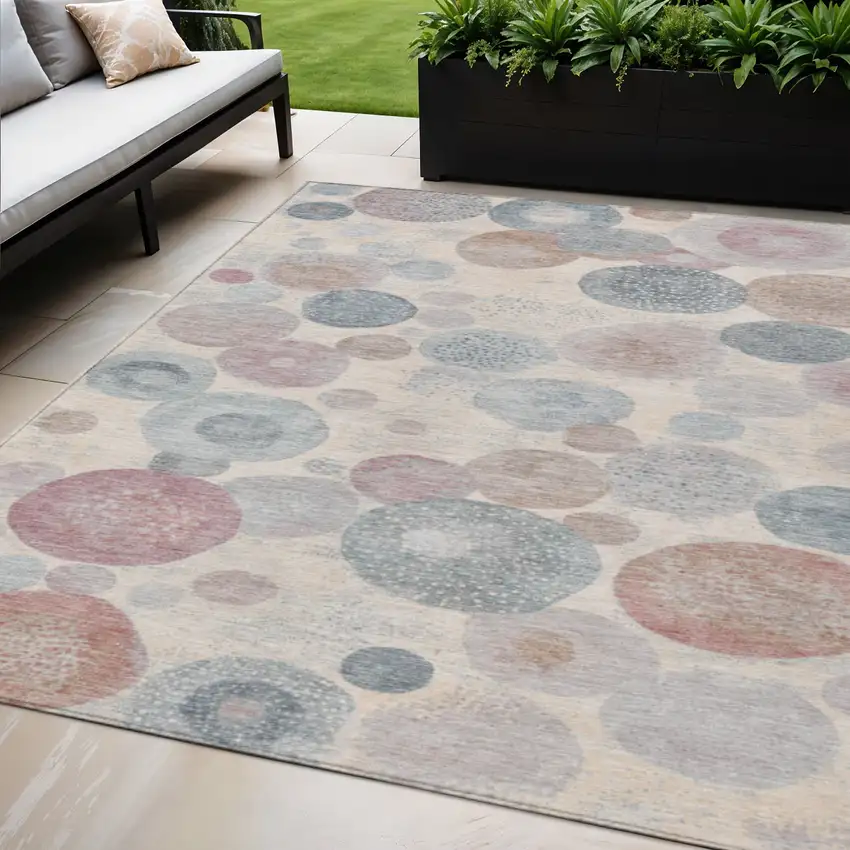 Peach Gray And Denim Blue Geometric Washable Indoor Outdoor Area Rug Photo 2