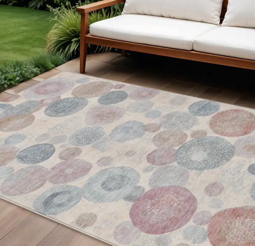 Peach Gray And Denim Blue Geometric Washable Indoor Outdoor Area Rug Photo 2
