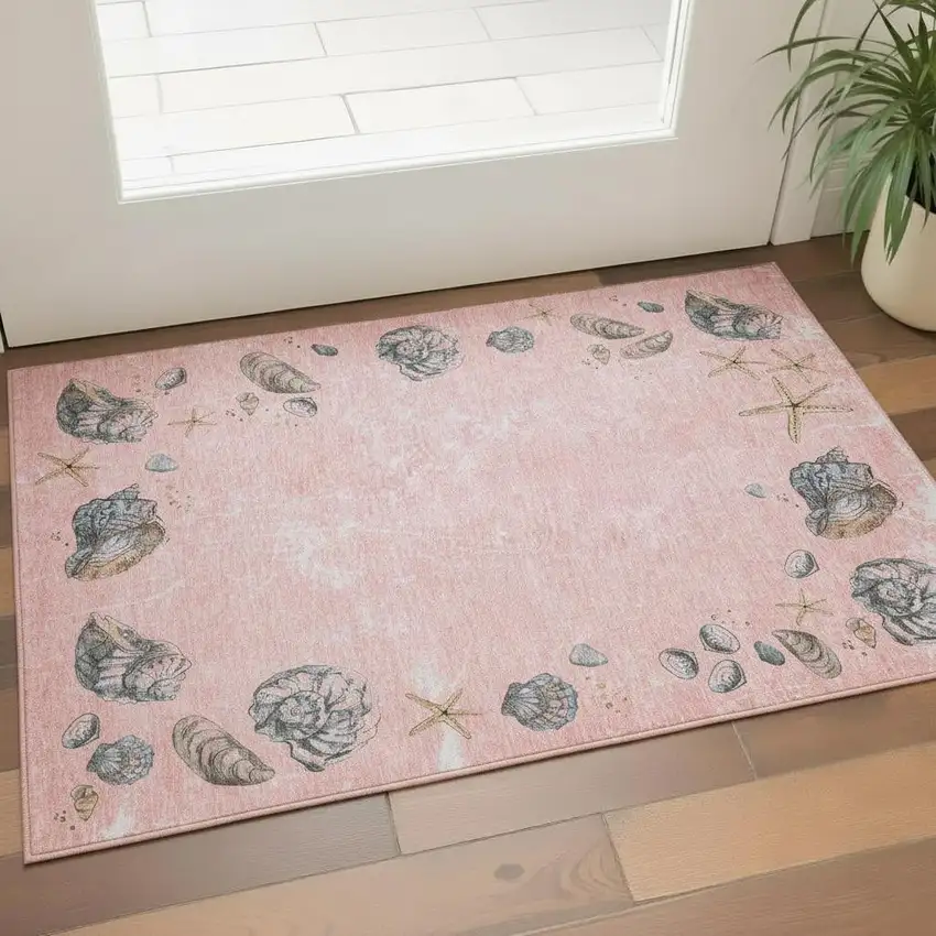 Peach Gray And Ivory Geometric Washable Area Rug With UV Protection Photo 2