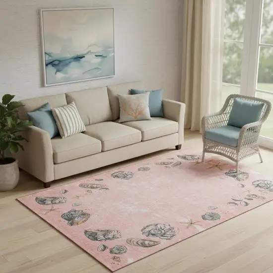 Peach Gray And Ivory Geometric Washable Area Rug With UV Protection Photo 1